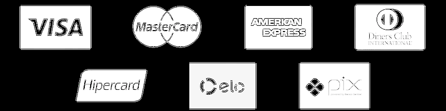 Visa, Mastercard, American Express, Diners Club, Hipercard, Elo e Pix